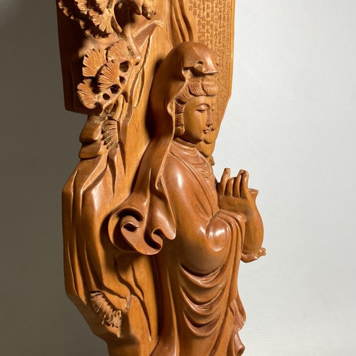 仏教美術 時代老竹彫刻 聖観音立像（唐木台）／中国古玩・清朝・李朝