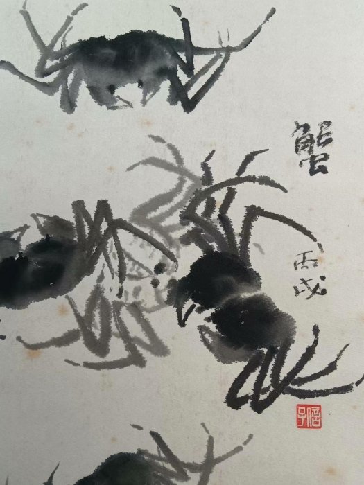 日本茶室掛畫《蟹》紙本卷軸掛畫掛軸面備注：年久難免有磨損和折痕黃斑