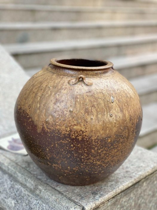 日本回流備前燒難波周作大壺罐子花瓶高25cm 寬26cm 口徑13cm 底款