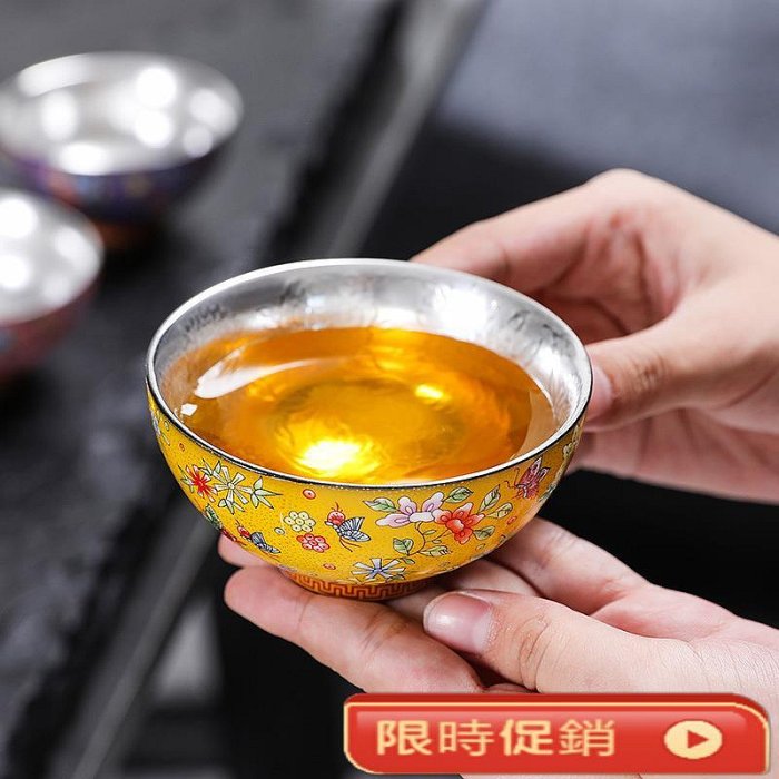 輕奢銀杯子999純銀個人專用主人銀茶杯品茗盞瓷鎏銀百花養生茶具| Yahoo拍賣