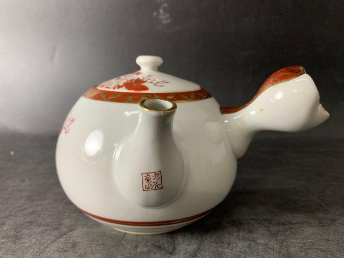 藏舊尋寶屋】老日本九谷燒陶藝家良山作落款赤繪孔雀花卉紋瓷蓋茶杯