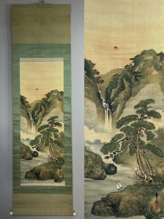 名家清晚民初手繪肉筆礦彩蓮花仙境青綠山水LA156005絹本裝裱畫，真跡嚴