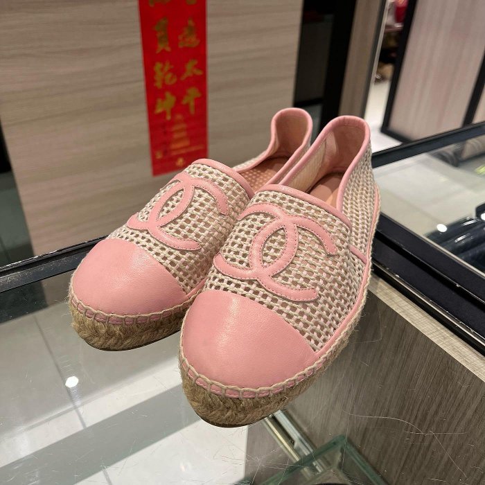 ⭐️ 香榭屋精品店 ⭐️ CHANEL 香奈兒粉紅色皮革網格編織鉛筆鞋 平底鞋 草編鞋 38號 (XC1002) 近新美品