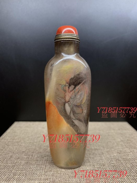 可議價】#鼻煙壺此款為天然水晶發晶內畫鼻煙壺天然水晶內繪人擺件鼻煙