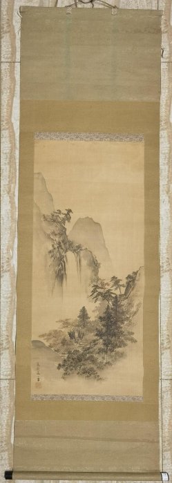 嚴選森寬齋創作的山水立軸字畫小本子，絹本紗緞裝裱，大漆軸頭