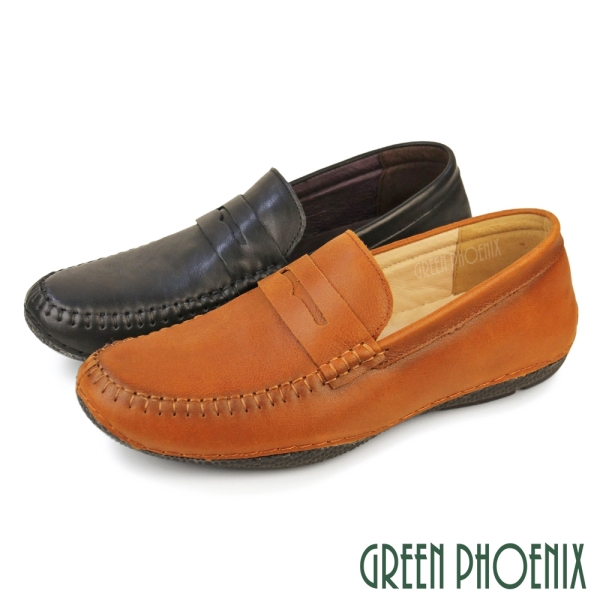男 樂福鞋 懶人鞋 休閒鞋 休閒皮鞋 真皮 吸震減壓【GREEN PHOENIX 波兒德】T12-10003