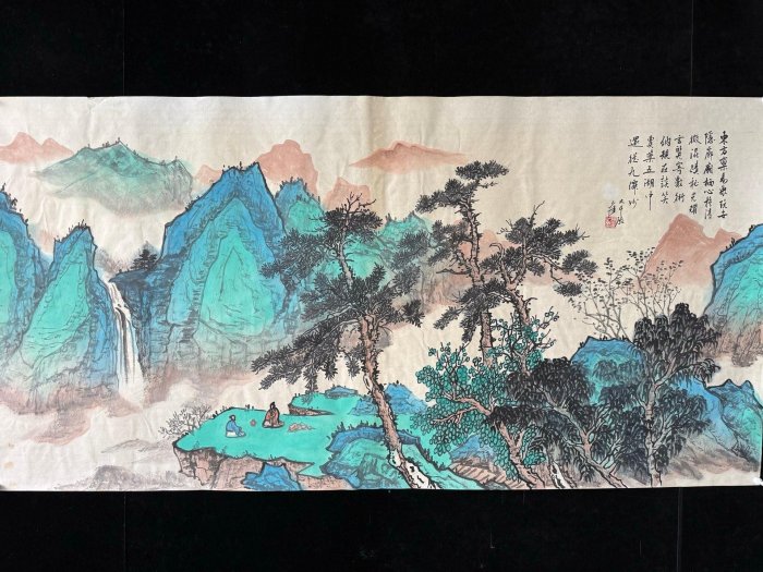 Z525【張大千】山水，四尺橫幅純手繪作品尺寸約：138x70厘米未裝裱，帶