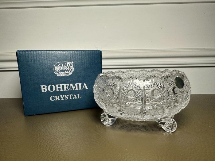 【二手】捷克波西米亞 bohemia 500pk水晶高足缽 首飾收納 茶點盤，太陽花紋切割，原盒未使用保 家居 迴流 擺件