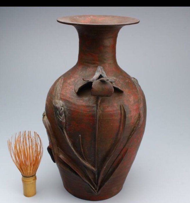 日本銅器斑紫銅菖蒲花文花瓶在銘骨董古玩古美術品古道具高30公分