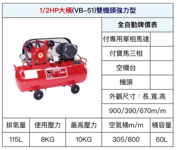 ~金光興修繕屋~[VB-51] 寶馬牌 皮帶式 空壓機 1/2HP 大桶 雙機頭強力型 寶馬 空氣壓縮機 木工 噴漆