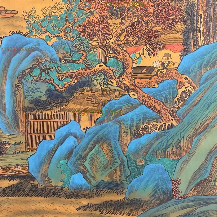LCH-15【唐寅】青綠山水，一物一圖，純手繪絹本六尺中堂立軸作品【古董