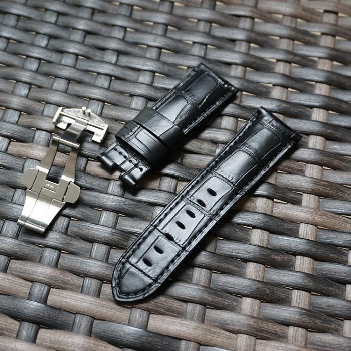 代用錶帶 手錶帶 PAM111沛納海代用折疊扣黑色竹節紋牛皮錶帶 24mm鱷魚壓紋蝴蝶扣