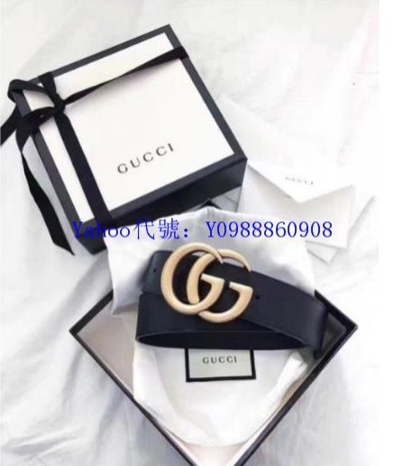里昂二手正品  GUCCI金色logo雙G頭皮帶4公分寬