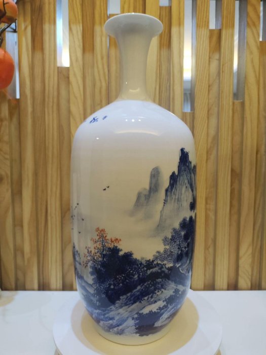 景德鎮青花山水細口瓶，江西省工藝美術師精心創作，高42嚴選純手工陶瓷