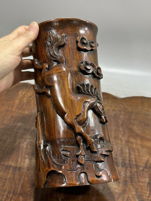 嚴選古樸老竹手工雕琢筆筒，文人必備收藏佳品黑漆描金木雕文房四寶竹器