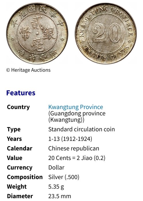 民國民國元年(1912年) 廣東省造貳毫2角銀幣3309 | Yahoo拍賣