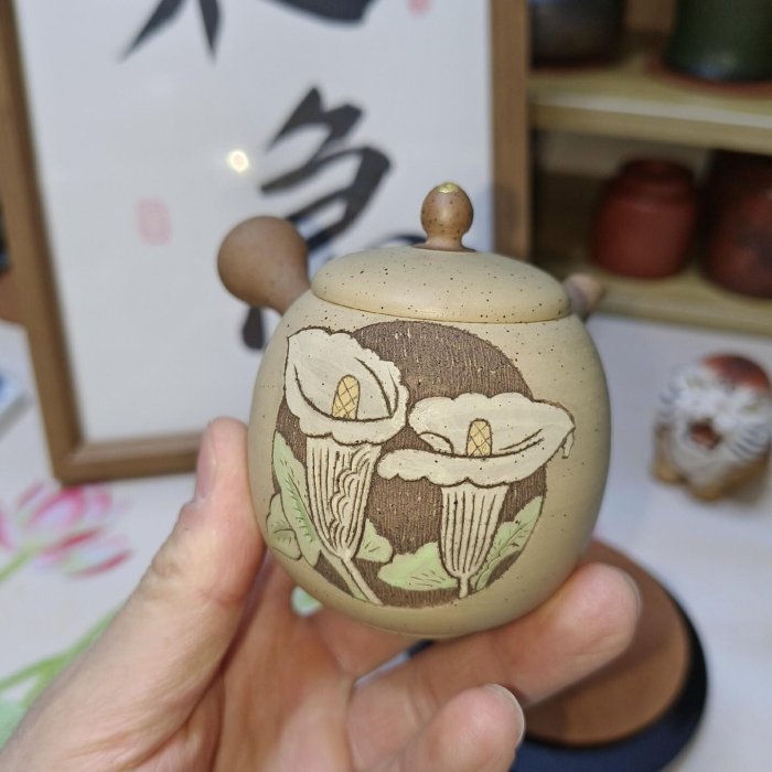 日本常滑燒朱泥伊藤成二甚秋甚秋陶苑手工壺雕刻壺側把急須側把壺