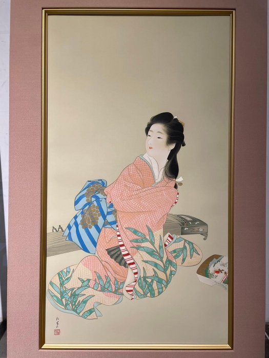 日本畫 額 版畫 古美術 長 41cm 一点會古美術D240532】上村松園娘深雪限定版畫日本框畫復古藝術美術