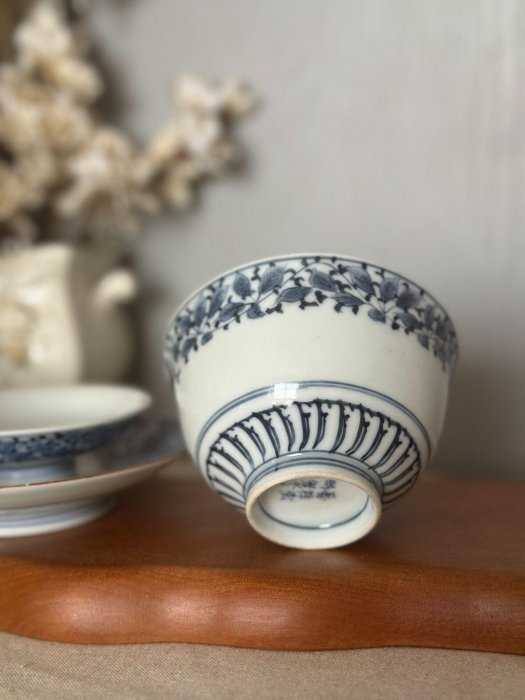 嘉祥堂特制青花纏枝紋老茶蓋碗，日本京都清水焼，直徑9.5cm，全品相藏