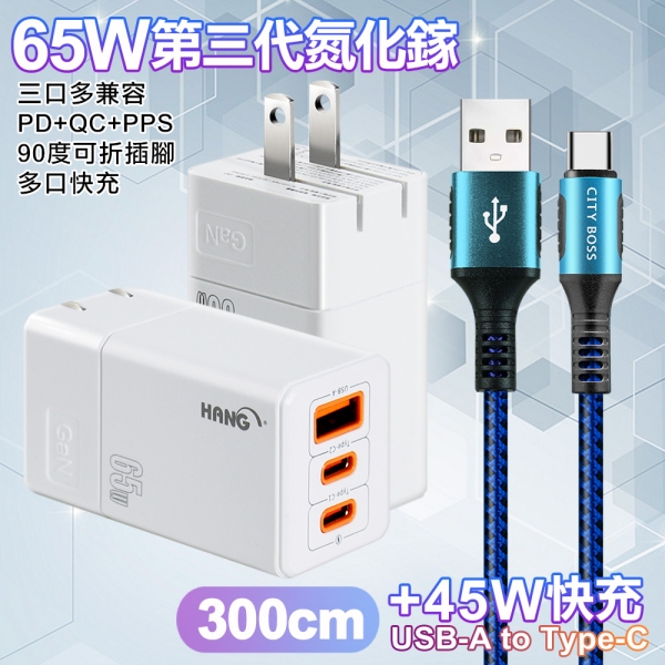 HANG 三代氮化鎵65W 白色+勇固線耐彎折編織線USB-Type-C-300cm