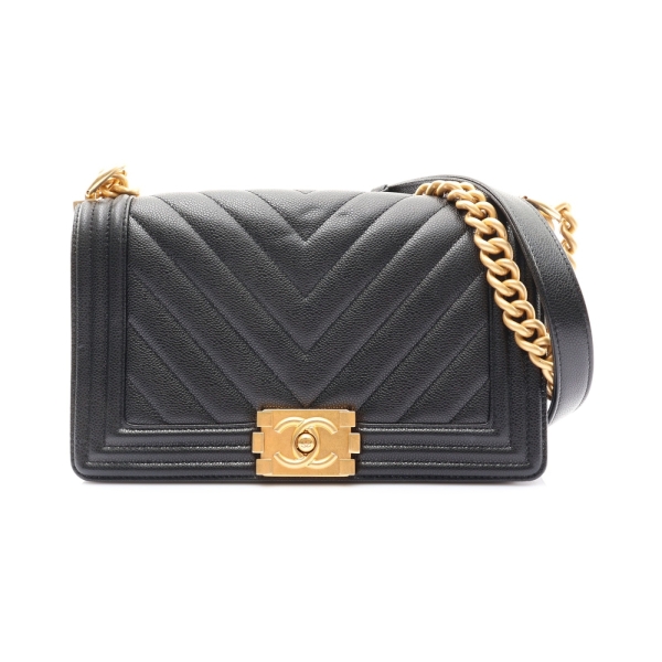 CHANEL 香奈兒 黑色 荔枝紋 山形紋 牛皮 BOY 25 肩背包 金釦 A67086 【二手名牌BRAND OFF】