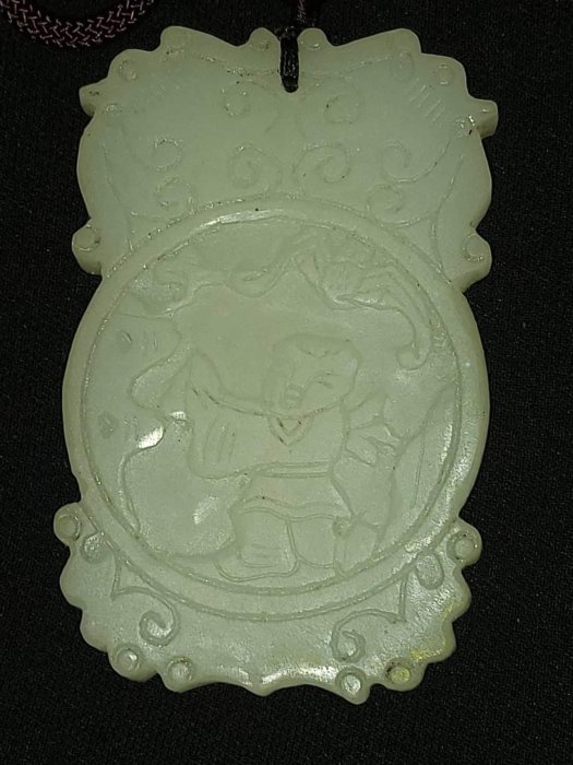 清乾隆時代　和田玉　童子佩　純和田玉彫り　古玉石　白玉　時代物　賞物(B-37) ◇御泓軒◇『 添わせる 清朝時代 和田玉 白玉彫 平安無事牌』