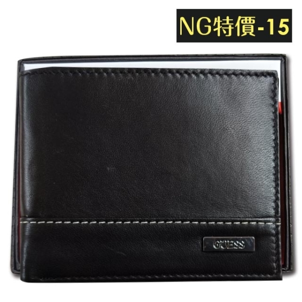 【NG特價-15】Guess 男皮夾 短夾 牛皮夾 雙排設計 金屬銘標LOGO 多卡夾 大鈔夾 品牌盒裝／黑色