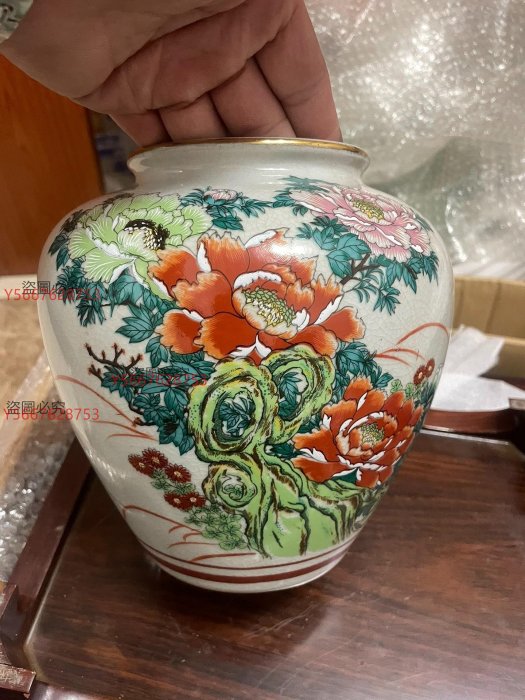 二手】中古日本回流九谷燒陶泉作富貴牡丹花瓶花入日本回流的老物花開