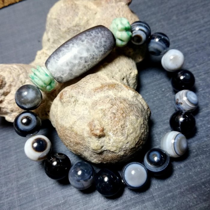 早期一眼龍鱗紋結晶天珠/龍鱗天眼珠{手串} +西藏九眼頁岩全正眼手工珠+