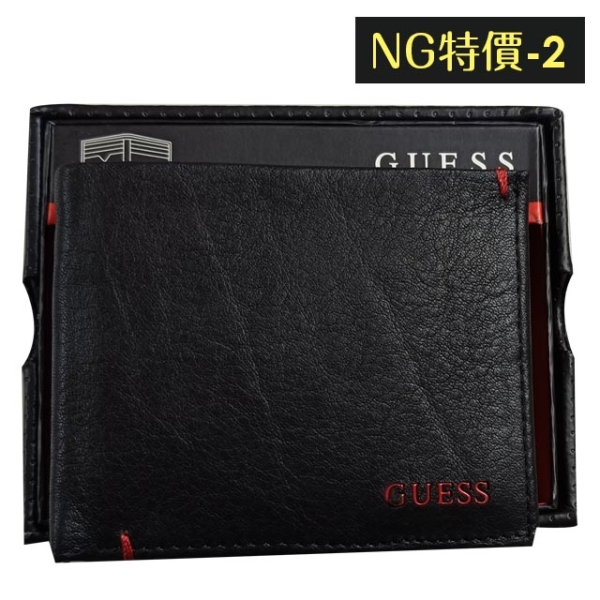 【NG特價-2】Guess 男皮夾 短夾 牛皮夾 紅色GUESS Logo 雙鈔夾 品牌盒裝／黑色
