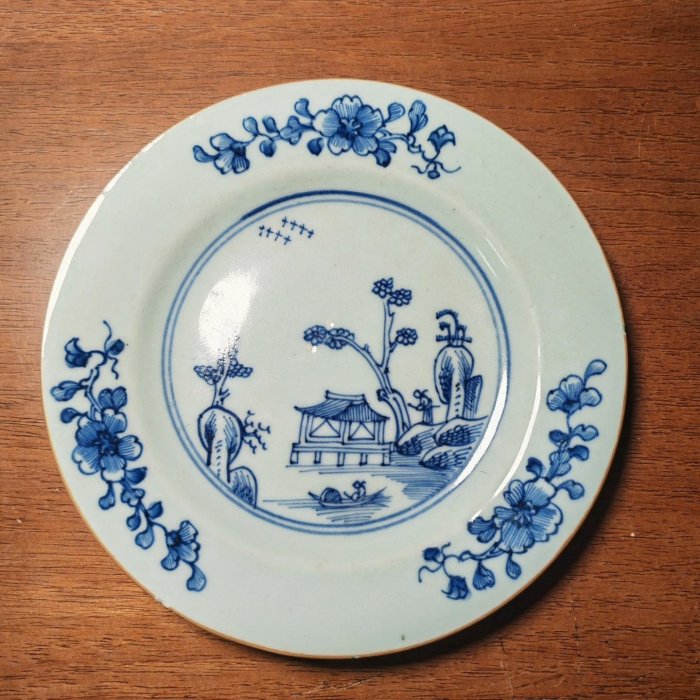嚴選康熙時期青花瓷器折沿盤，典雅黑白線描山水圖文玩收藏品文房雅器
