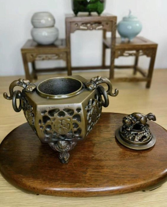 嚴選日本高岡銅器旭峰作鑄銅葵香爐，尺寸15×15cm，內徑5cm，重約900g