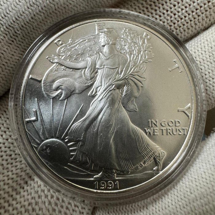美國1991鷹洋行走女神自由女神銀幣1盎司31.1克純銀999 asea19912