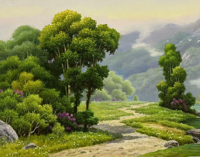 栗林今朝男　油彩画 風景画 朝鮮油畫山水風景118×65厘米純手繪畫面描繪山間小路溪流潺潺遠處群山