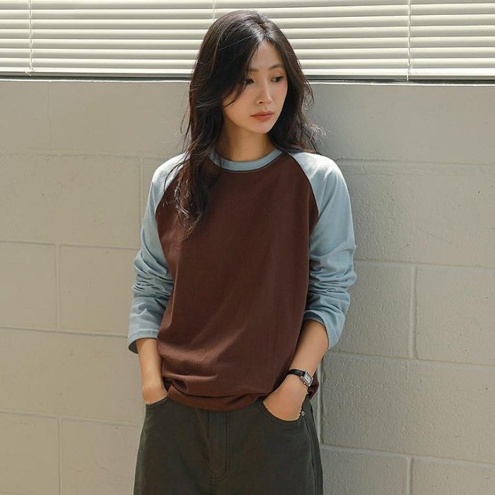 快閃優惠價499元 Bellee 正韓  插肩拼色設計圓領長袖棉上衣  (4色) 【0918-8】