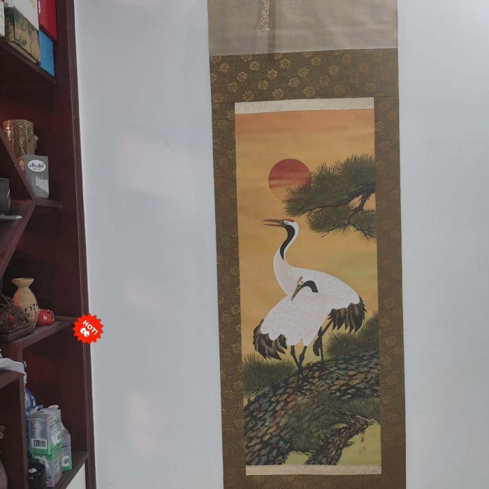 真作/慧雲/松鶴潮/鶴/潮/松/中国/布袋屋掛軸HK-83 嚴選《松鶴延年》一幅古風斗方茶掛，實木軸頭絹本綾裱，玄關家居推薦