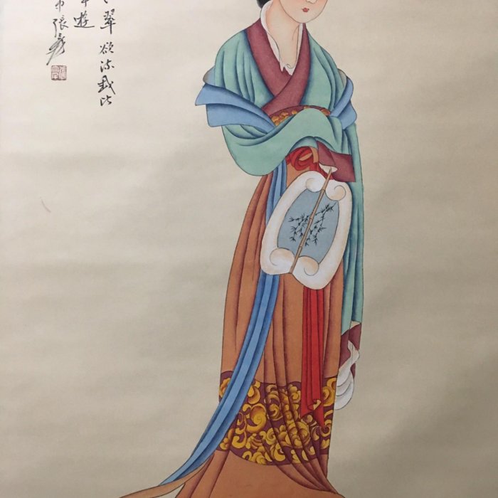 张大千 仕女 中堂画 70×173cm 編號TR36四尺中堂畫，張大千的仕女圖，純手工繪畫，實物拍攝一物一圖