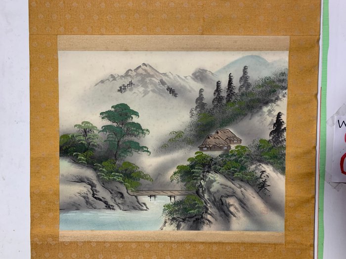 日本画　水墨山水　★手書き　1点モノ★嬉しい額装付！外寸約561×422mm33 藏舊尋寶屋】老日本畫家落款「彩色水墨山水圖」水墨畫/彩色/畫軸
