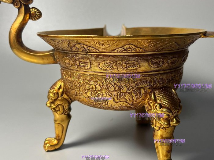 古玩大唐貞觀酒器唐代酒杯三足龍首鎏金杯金器收藏雜項銅鎏金擺件收藏老