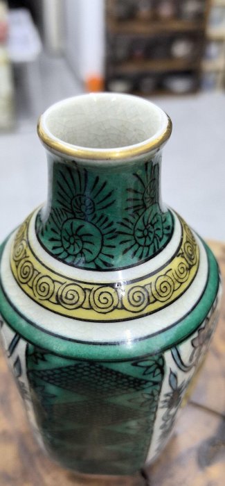 九谷燒德利花瓶綠彩描金滿工壽字紋15公分高白瓷胎收藏裝飾九谷燒花瓶德