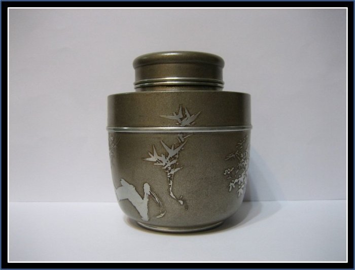 錫製　間村自造　四君子文　茶壷　茶こぼし　合計約985g　3点　D　R6368 錫製茶器セット 菓子器 茶こぼし 茶則 間村自造 四君子 茶盤