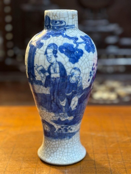 清代中期哥窯青花人物瓷器花瓶正老件。哥窯鈞窯汝窯古瓷雜項古玩