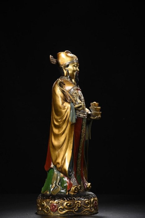 銅彩繪財神爺站像高37cm 寬15cm重3275克舊藏收藏古玩【古華珍館】-648