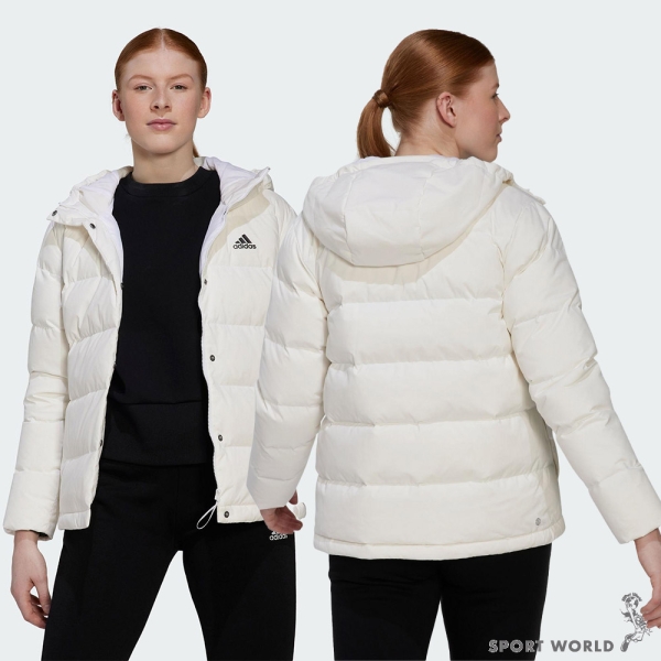 Adidas 女裝連帽外套羽絨外套拉鍊口袋米白/黑【運動世界】HG4887