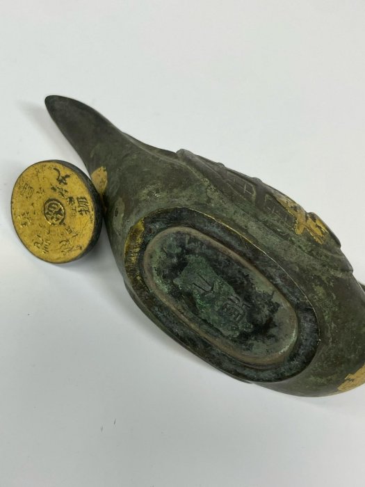 日本三世秦藏六（1882-1944）銅鎏金鳳凰形香爐熏香爐床置擺件置物尺寸