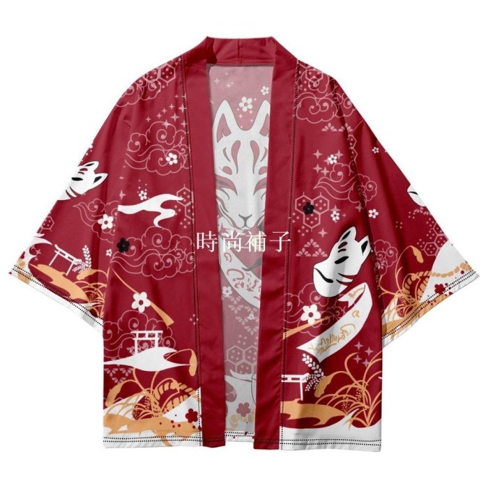 熱銷日本稻田神狐印花黑色和紅色和服開衫角色扮演襯衫女式男士浴衣海灘