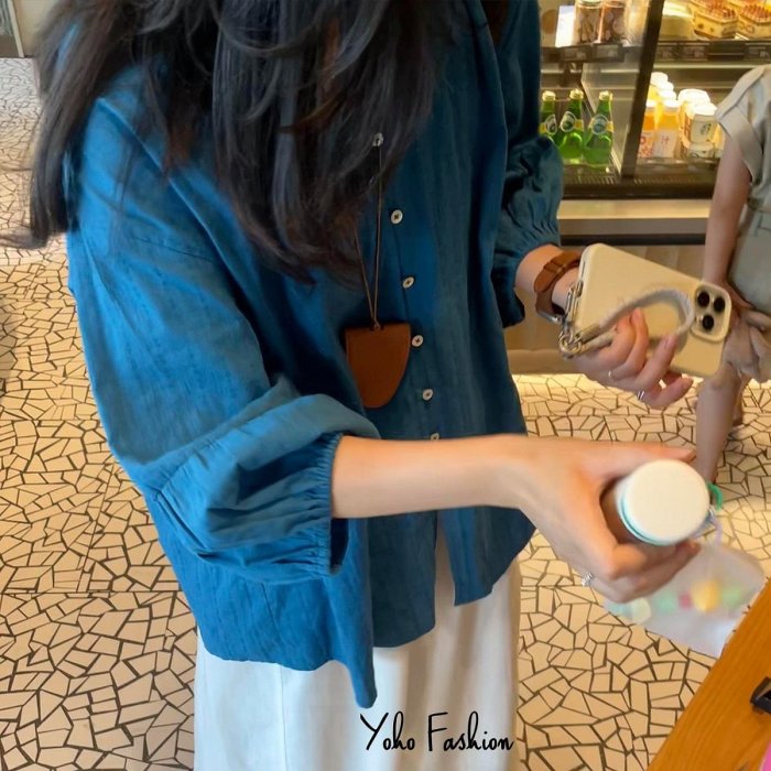 [現貨]YOHO 防曬襯衫 實拍日系慵懶風寬鬆薄款氣質孔雀藍V領襯衫 (DXQ22333)