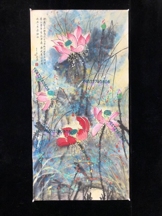 張大千 花卉圖 Z352【張大千】荷花，四尺豎幅純手繪作品尺寸約137*70厘米未裝裱
