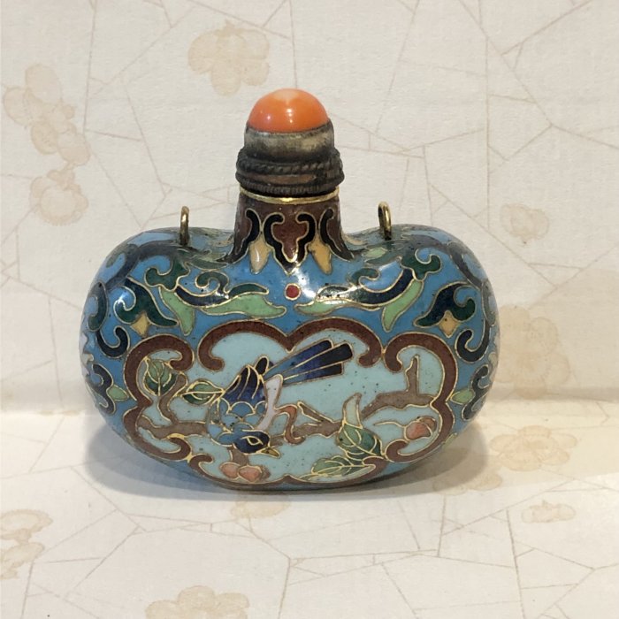 小小的】～ 清代老件～景泰藍掐絲琺瑯荷包形鼻煙壺qing