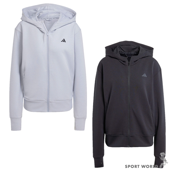 【下殺】Adidas 連帽外套 女裝 排汗 拉鍊口袋 灰紫/黑【運動世界】JP2651/JP2654
